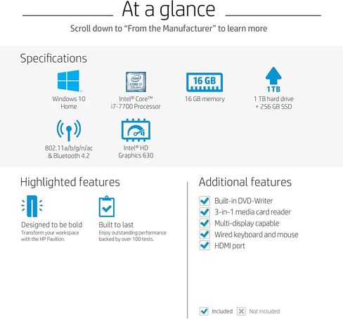 HP Pavilion Desktop Computer, Intel Core i7-7700, 16GB RAM, 1TB Hard Drive, 256GB SSD, Windows 10 (570-p041, Black) in Kuwait