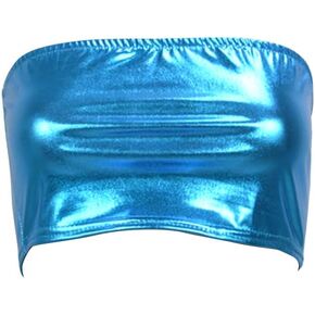 FlyCC Women's Shiny Metallic Strapless Crop Tube Top Rave Bandeau Bra