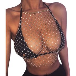 Women Sexy Glitter Rhinestone Halter Tank Top Shiny Fishnet Mesh Crop Top Rave Outfit See Through Cami