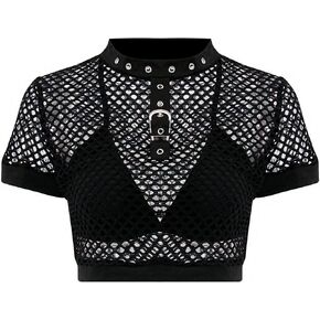 jascaela Women's Sexy Fishnet Choker Buckle Halter Crop Tank Top Backless Punk Cami Bandeau Clubwear for Rave Party