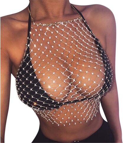Women Sexy Glitter Rhinestone Halter Tank Top Shiny Fishnet Mesh Crop Top Rave Outfit See Through Cami in Kuwait