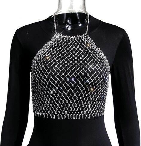 Women Sexy Glitter Rhinestone Halter Tank Top Shiny Fishnet Mesh Crop Top Rave Outfit See Through Cami in Kuwait