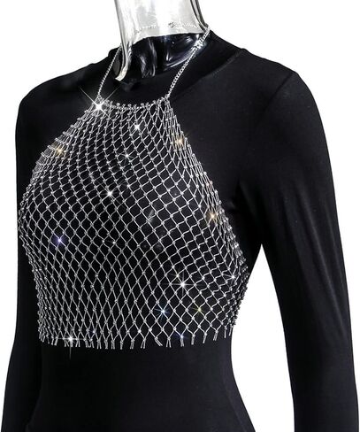 Women Sexy Glitter Rhinestone Halter Tank Top Shiny Fishnet Mesh Crop Top Rave Outfit See Through Cami in Kuwait