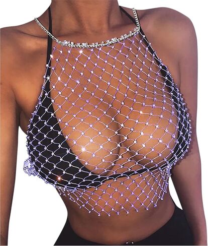 Women Sexy Glitter Rhinestone Halter Tank Top Shiny Fishnet Mesh Crop Top Rave Outfit See Through Cami in Kuwait