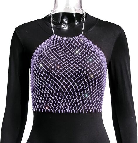 Women Sexy Glitter Rhinestone Halter Tank Top Shiny Fishnet Mesh Crop Top Rave Outfit See Through Cami in Kuwait