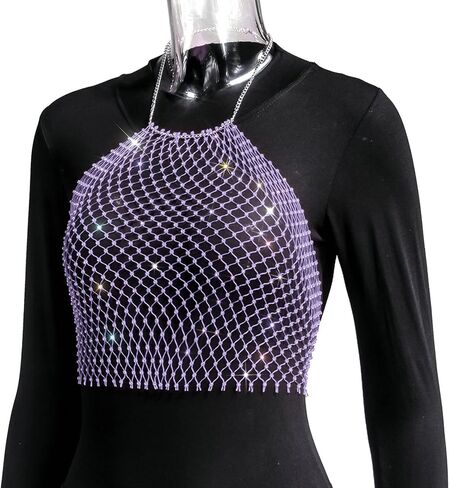 Women Sexy Glitter Rhinestone Halter Tank Top Shiny Fishnet Mesh Crop Top Rave Outfit See Through Cami in Kuwait