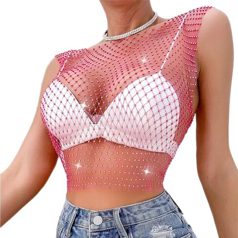 Women Sexy Glitter Rhinestone Halter Tank Top Shiny Fishnet Mesh Crop Top Rave Outfit See Through Cami in Kuwait