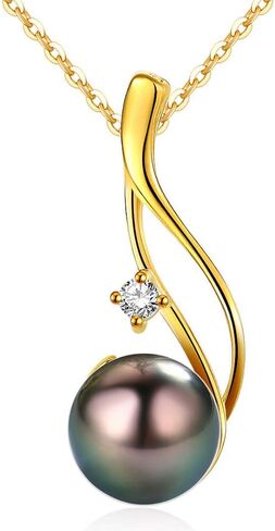 CHULRI أصيلة جنوب البحر التاهيتي قلادة اللؤلؤ الأسود 9-10 ملم جولة 18 كيلو مطلية بالذهب 925 الفضة الاسترليني - هدايا مجوهرات للنساء زوجة أمي ابنة in Kuwait