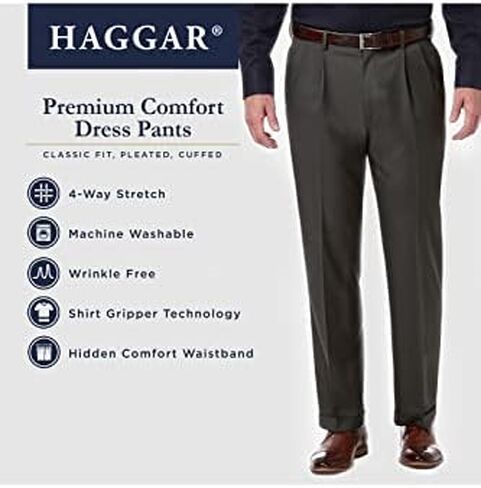 حذاء Haggar الرجالي الفاخر غير القابل للكي باللون الكاكي الكلاسيكي ذو الطيات الأمامية والمقاسات الكبيرة والطويلة in Saudi Arabia