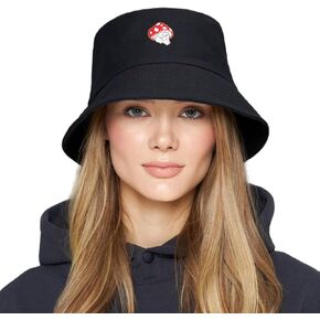 Mushroom Bucket Hat for Woman Man Cotton Summer Sun Beach Fish with Embroidery Black in Kuwait