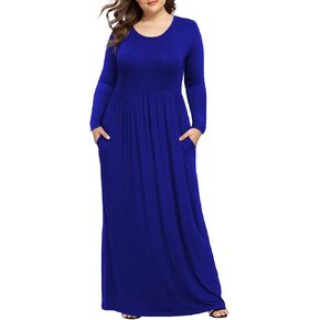 فستان LONGYUAN نسائي طويل الأكمام مقاس كبير فساتين ماكسي كاجوال XL-6XL ناعمة مع جيوب in Kuwait