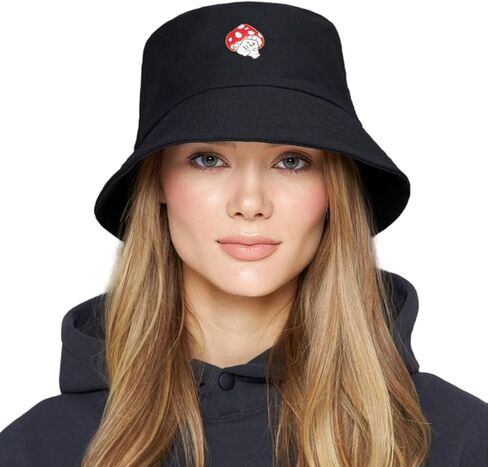Mushroom Bucket Hat for Woman Man Cotton Summer Sun Beach Fish with Embroidery Black in Kuwait