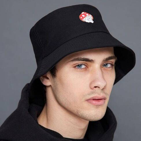 Mushroom Bucket Hat for Woman Man Cotton Summer Sun Beach Fish with Embroidery Black in Kuwait