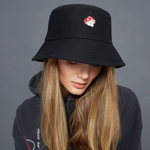 Mushroom Bucket Hat for Woman Man Cotton Summer Sun Beach Fish with Embroidery Black in Kuwait