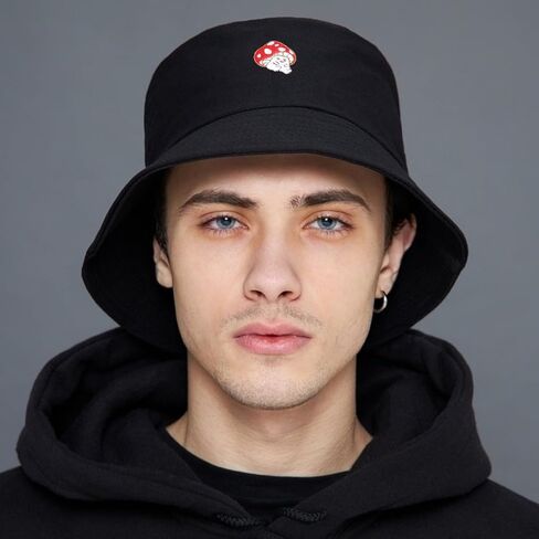 Mushroom Bucket Hat for Woman Man Cotton Summer Sun Beach Fish with Embroidery Black in Kuwait