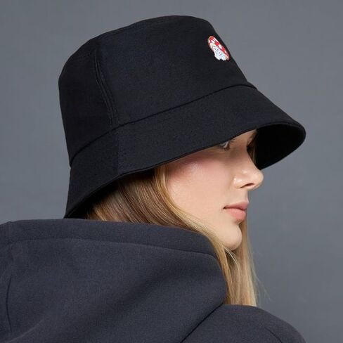 Mushroom Bucket Hat for Woman Man Cotton Summer Sun Beach Fish with Embroidery Black in Kuwait