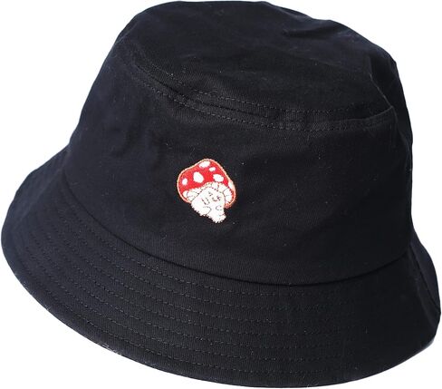 Mushroom Bucket Hat for Woman Man Cotton Summer Sun Beach Fish with Embroidery Black in Kuwait