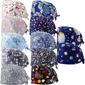 12 Pieces Women Working Caps with Buttons and Sweatband Adjustable Bouffant Hats Unisex Tie Back Hats Disposable Surgical Caps Beanie Headband Medical Head Face Mask for Nurse in Saudi Arabia