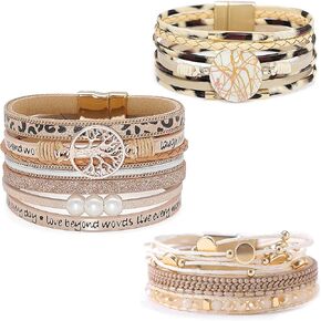 Wovanoo Leather Wrap Bracelet Set 3Pack Wrist Cuff Bracelet for Women Girls Multilayer Magnetic Clasp Bracelet Feather Tree Bead Crystal Bracelet