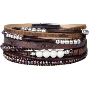 AZORA Leather Wrap Bracelets for Women Goldplated Metal Crescent Cuff Bracelet with Magnetic Buckle Casual Bohemian Wrist Bangle Jewelry Gift for Ladies Teen Girls Sister Mum