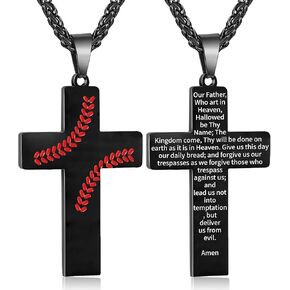 Zocomi Baseball Cross Necklace for Boys Men, Stainless Steel Cross Pendant Chain 24 Inches, Inspirational Bible Verse Quote Religious Gift