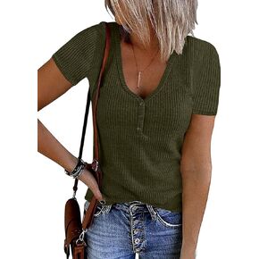 MEROKEETY Women's Short Sleeve V Neck Ribbed Knit Button T Shirts Henley Solid Color Summer Tops