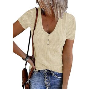 MEROKEETY Women's Short Sleeve V Neck Ribbed Knit Button T Shirts Henley Solid Color Summer Tops