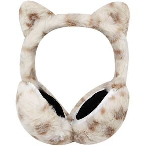 Caviotess Women's Leopard Faux Fur Ear Muffs Fluffy Winter Warm Ear Warmer with Cute Cat Ears
