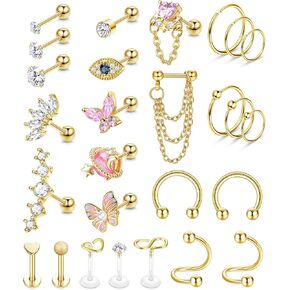 YADOCA 27Pcs 16G Cartilage Earrings For Women Men Tragus Piercing Jewelry Stainless Steel Conch Stud Hoop Earring Hypoallergenic Cz Butterfly Heart Evil Eye Cartilage Tragus Conch Helix Daith Piercing Jewelry in Saudi Arabia