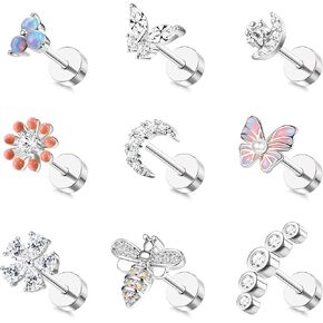 FASACCO 9 قطع أقراط الغضروف للنساء من الفولاذ الجراحي أقراط مسطحة الظهر أوبال فراشة زهرة تشيكوسلوفاكيا أقراط الغضروف الزنمة اللولب ثقب المجوهرات in Kuwait