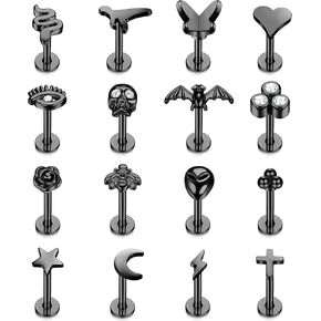 Drperfect Tragus Piercing Jewelry for Women Men 16G 6MM 8MM Helix Cartilage Conch Earring Stud Stainless Steel Internally Threaded Medusa Lip Monroe Ring Labret Nose Stud Set