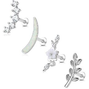 MJust G23 Titanium Cartilage Earrings for Women 16G Pure Titanium Flat Back Stud for Sensitive Ear Cartilage Opal CZ Stud Earrings Internally Threaded Conch Helix Tragus Piercing Jewelry
