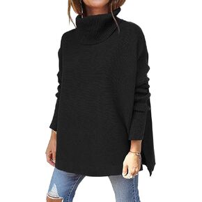 EFAN Women's Turtleneck Fall Sweaters Oversized Long Batwing Sleeve Spilt Hem Casual Asymmetric Pullover Sweater Knit Tops