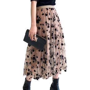 Women Tutu Tulle Skirt Elastic High Waist Layered Skirt Floral Print Mesh A-Line Midi Skirt in Kuwait