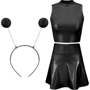 Metallic Top Sleeveless Crop Tank Top Pleated Skirt with Headband for Raves Alien Costume Halloween Cosplay in Saudi Arabia