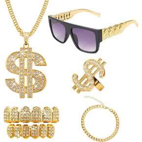 FINZOR 5 قطع الهيب هوب زي كيت الذهب مغني الراب النظارات الشمسية الذهب Grillz الذهب الدولار علامة قلادة القلائد حلقة 80s/90s مغني الراب الملحقات in Saudi Arabia