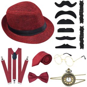ELECLAND 10 Pieces 1920s Men Costume Accessories Set Roaring Retro Gangster Costume, Hat, Bow Tie, Pocket Watch, Suspender