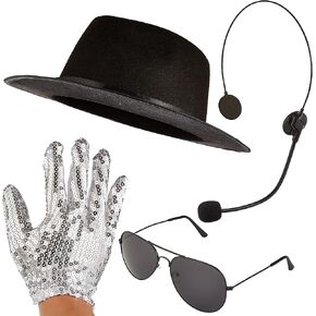 Pop Star Halloween Costume Accessory Kit with Sequin Glove, Fedora Hat, Aviator Sunglasses, Headset Microphone Prop 80s/90s Pop Singer, MJ Dance Cosplay Set, Dress Up, Roleplay, and Photo Booth Prop in Saudi Arabia