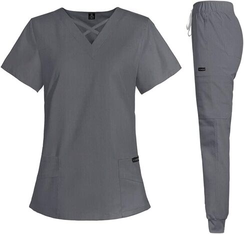 VIAOLI Scrubs للنساء مجموعة حديثة على شكل حرف v و 8 جيوب بنطال رياضي رياضي للتمريض زي عمل متين قابل للتمدد in Kuwait