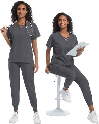 VIAOLI Scrubs للنساء مجموعة حديثة على شكل حرف v و 8 جيوب بنطال رياضي رياضي للتمريض زي عمل متين قابل للتمدد in Kuwait