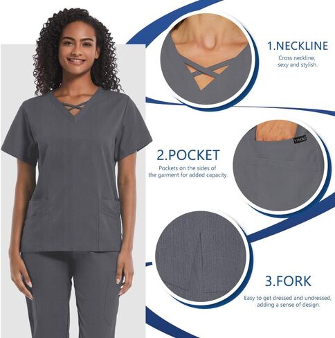 VIAOLI Scrubs للنساء مجموعة حديثة على شكل حرف v و 8 جيوب بنطال رياضي رياضي للتمريض زي عمل متين قابل للتمدد in Kuwait