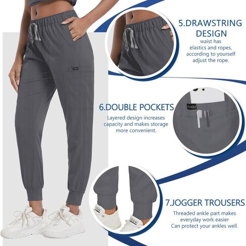 VIAOLI Scrubs للنساء مجموعة حديثة على شكل حرف v و 8 جيوب بنطال رياضي رياضي للتمريض زي عمل متين قابل للتمدد in Kuwait