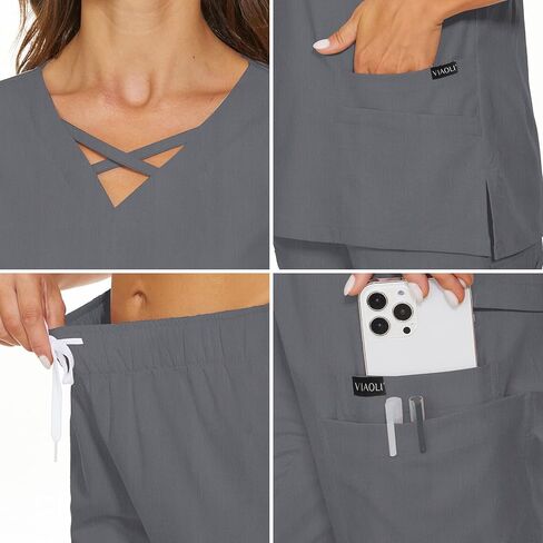 VIAOLI Scrubs للنساء مجموعة حديثة على شكل حرف v و 8 جيوب بنطال رياضي رياضي للتمريض زي عمل متين قابل للتمدد in Kuwait