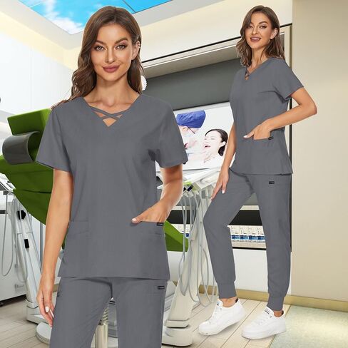 VIAOLI Scrubs للنساء مجموعة حديثة على شكل حرف v و 8 جيوب بنطال رياضي رياضي للتمريض زي عمل متين قابل للتمدد in Kuwait