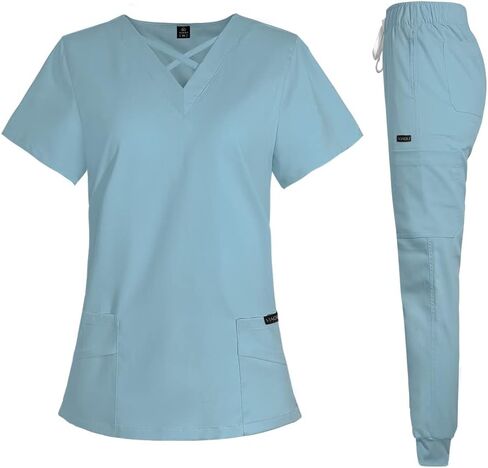 VIAOLI Scrubs للنساء مجموعة حديثة على شكل حرف v و 8 جيوب بنطال رياضي رياضي للتمريض زي عمل متين قابل للتمدد in Kuwait