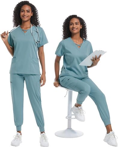 VIAOLI Scrubs للنساء مجموعة حديثة على شكل حرف v و 8 جيوب بنطال رياضي رياضي للتمريض زي عمل متين قابل للتمدد in Kuwait