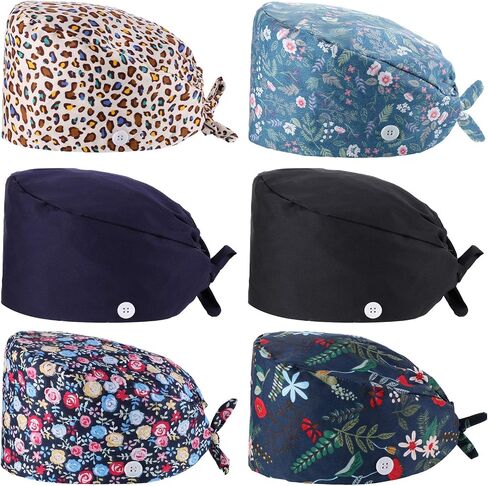 6 Pieces Bouffant Scrub Caps Printed Working Surgical Cap Nurse Hats with Buttons and Sweatband Adjustable Tie Back Hat for Women Men Multi Color in Saudi Arabia