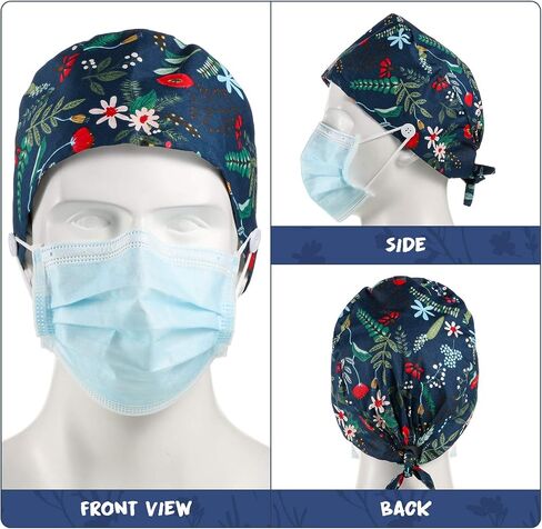 6 Pieces Bouffant Scrub Caps Printed Working Surgical Cap Nurse Hats with Buttons and Sweatband Adjustable Tie Back Hat for Women Men Multi Color in Saudi Arabia