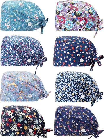 8 Packs Gourd-Shaped Working Cap with Buttons Sweatband Adjustable Hats Tie Back Hats Headwear Printed for Women Men, Multicoloured, Medium in Saudi Arabia