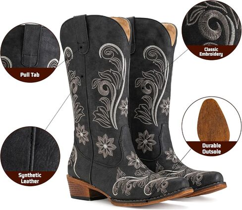 IUV Cowboy Boots For Women Mid Calf Western Boots Cowgirl Pull-On Tabs Pointy Toe Boot in Kuwait